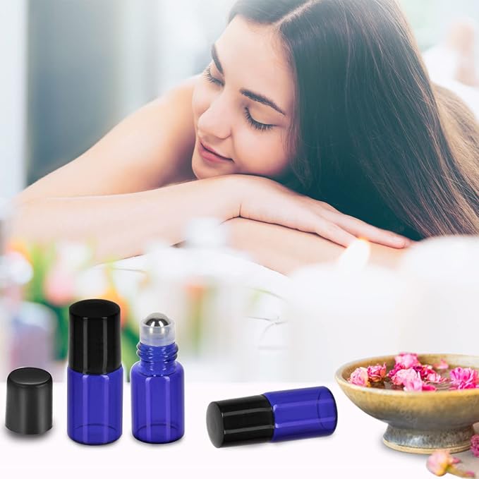 2ML Essential Oil Roller Bottles, 24 Pack Cobalt Blue Roller bottle for oils, Mini Glass Roll on Bottles with Stainless Steel Roller Balls&2 Droppers