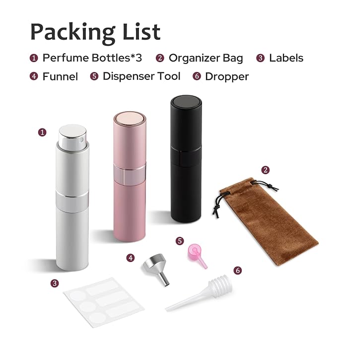 LISAPACK 8ML Atomizer Perfume Spray Bottle for Travel (3 PCS) Empty Cologne Dispenser, Portable Sprayer for Men and Women (Black, Silver, Pink)