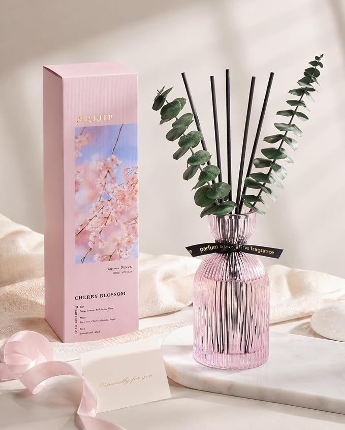 Airkeep Reed Diffuser Set 6.76 oz – Cherry Blossom Decorative Home Fragrance with Eucalyptus Sticks, Ribbed Glass Diffuser for Bathroom & Bedroom Décor, Gift Ready