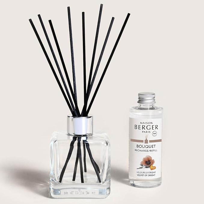 MAISON BERGER Reed Diffuser Bouquet, 100 ml, Velvet of Orient | Clear Glass Bottle, 8 Reed Sticks, 100 ml Refill, Up to 6-Week Passive Diffusion, No Flame, Made in France