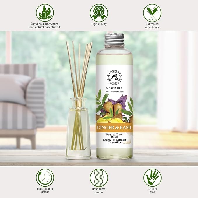 Reed Diffuser Refill Ginger & Basil 6.8 Fl Oz - Aroma Diffuser with Essential Ginger Oil - Fragrance Diffuser - Spicy and Fresh Fragrance - Natural Fragrance - Aromatherapy - Air Freshener