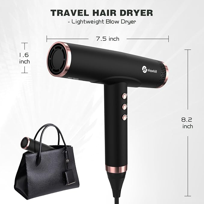 slopehill Professional Ionic Hair Dryer with Diffuser - Lightweight, Compact, Powerful & Fast Salon Blow Dryer with High Speed Brushless Motor for Travel, Women & Men Ceramic, Black