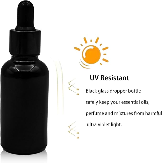 12 Pcs1 oz Black Glass Dropper Bottle 30 ml Tincture Bottles with Dropper Lab Dropping with Eye Droppers, Funnels, Label Stickers for Essential Oil Perfumes (Black, UV Safe Bottles)