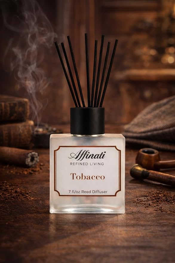 Affinati Tobacco Reed Diffuser 7 fl oz - Luxury Flameless Continuous Aromatherapy, Long-Lasting Bold Earthy Home Fragrance, Premium Pure Masculine Scented Glass Set, Luxury Gifts for Men & Office