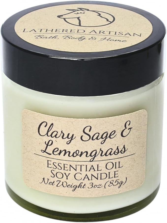 Clary Sage & Lemongrass Essential Oil Candle 3 oz, Hand Crafted Pure Soy Wax Candle, Wooden Wick, Dried Flowers, 23 Hour Burn Time, Natural Aromatherapy Glass Jar Candle with Lid by Lathered Artisan