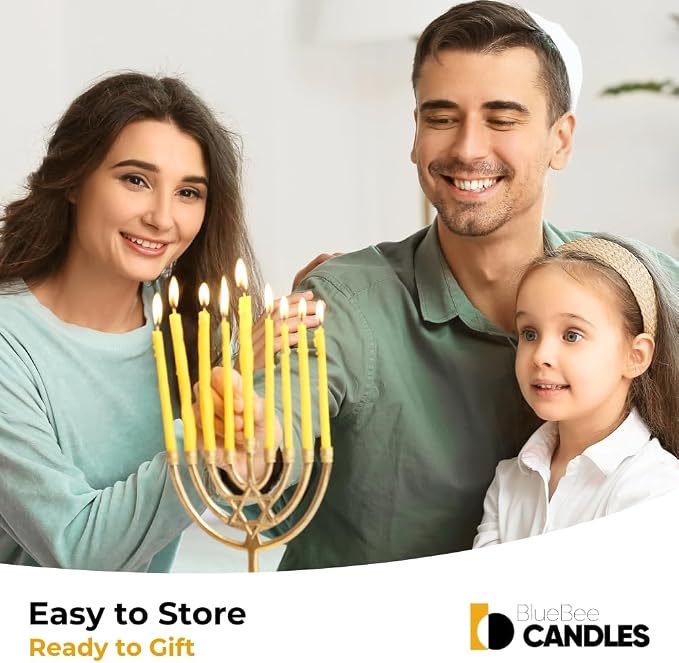 BlueBee Pure Beeswax Candles Bulk for Home - 200pcs Tall Thin Taper Candles + 5 Holders, Honey Scent, Smokeless, Long-Burn, All Natural for Church Prayer, Hanukkah, Birthday Cake, Christmas Advent