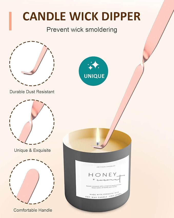 5 in 1 Candle Care Kit, Elegant Candle Wick Trimmer Set, Candle Lighter Set, Candle Snuffer, Candle Tray, Candle Wick Dipper, Candle Accessories Set for Candle Lover (Rose Gold)