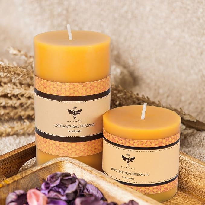 DEYBBY 3x3 inch Natural Beeswax Pillar Candle for Women, Smokeless Dripless Pure Organic Beeswax Candle with Natural Scent for Blackout Home Decoration Bath Relaxation(Yellow)