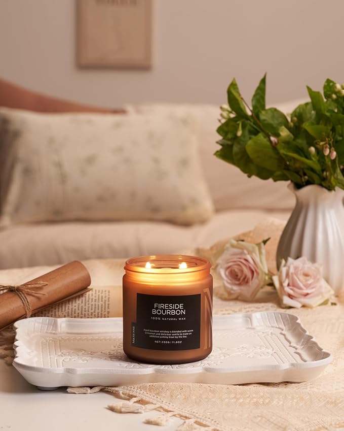 M&SENSE Fireside Bourbon Candles Home Scented, Non Toxic Soy Wax 11.6oz 70 Hours Long Clean Burning, 2 Wick Campfire Candle Cozy Winter Home Decor, Housewarming Gifts for Women Men