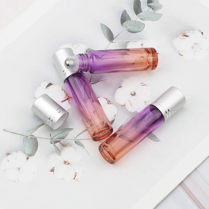 10Pcs Glass Roller Bottles Set, 10ml (1/3oz) Purple Orange Gradient Roll on Vials with Funnels, for Essential Oil Aromatherapy Perfume Liquid Massage