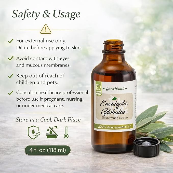 GreenHealth Eucalyptus Essential Oil 4 fl oz – 100% Pure & Natural – Aromatherapy Oil for Diffuser, Air Freshener, Cleaning, Home Fragrance – Therapeutic Grade – Large Value Size