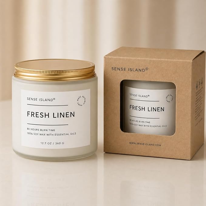 Clean Linen Scented Candle 12.7 oz – Large Fresh Linen Candle for Home, 80+ Hour Long Lasting, 100% Natural Soy Wax, 2 Wicks Clean Cotton & Soft Floral Scent, Elegant Candle Gift for Women & Men