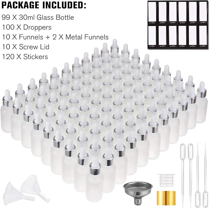 PrettyCare Glass Dropper Bottles Set of 99, 1oz (30ml) Frosted Empty Thick Bottles Bulk with Leakproof Silver Caps - With Labels & Funnels for for Storage, Travel,Essential Oils, DIY Serums