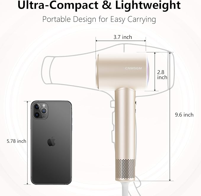 Hair Dryer, High Speed Ionic Blow Dryer, 160000 RPM, Low Noise,5X-Fast Drying, 2 Billion Negative Ions, Compact Blow Dryer with Magnetic Diffuser for Faster Drying All Hair Types(Iridescent)