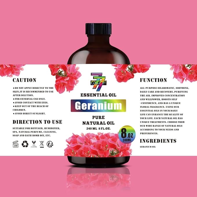 Geranium Essential Oil, Geranium Oils, for Diffuser, Humidifier, DIY Candles, Soap, Skin, Gift, Essential Oil, GV77ZF Geranium Fragrance Oil - 8 fl oz (240 ml)