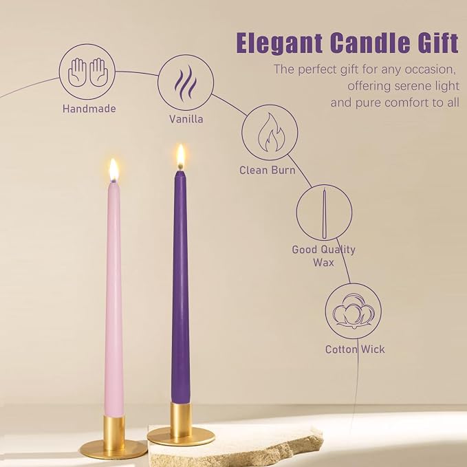 4 Pack MANNYCOM Advent Candles - 10 inch Unscented Smokeless Elegant Long Candle Sticks - 3 Purple 1 Pink Nativity Scene Candlesticks