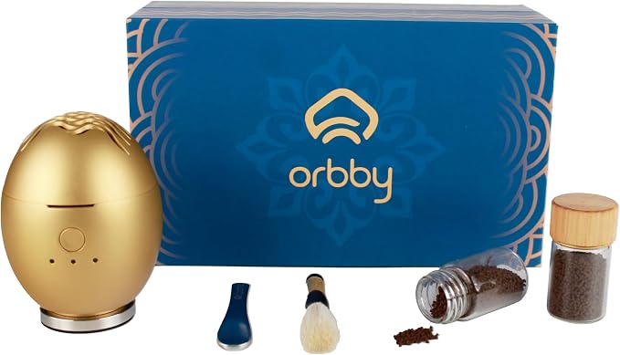 Orbby Scent Diffuser Starter Kit | Small Portable Desk Diffuser for Office: Electric Incense Burner, Rechargeable Cordless Pet Safe, Odor Eliminator – Flameless (Gold, Includes Pellets)