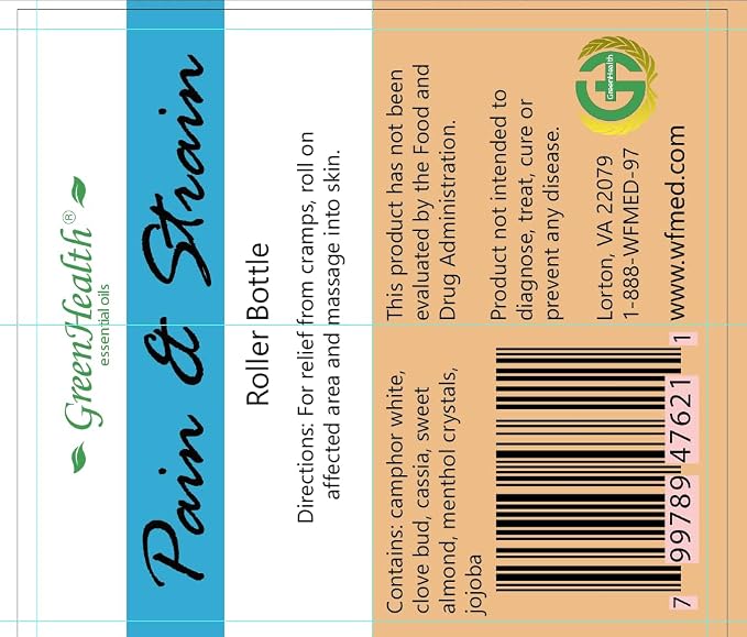 GreenHealth- Pre-Diluted Essential Oil Roll-On - Pain and Strain 10 ml Roll On - Ready-to-Use