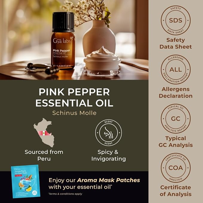 100% Pure Pink Pepper Essential Oil - 0.34 Fl Oz - Pink Pepper Oil for Hair, Skin, Diffuser, Aromatherapy & DIY Candle Making Scent