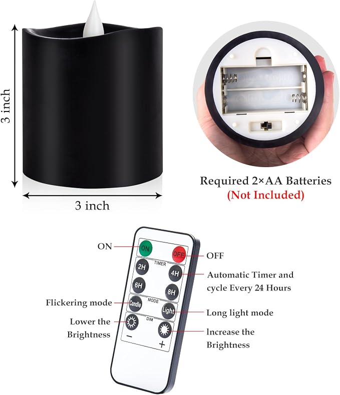 Black Flameless LED Candles - 3" x 3" Real Wax, Battery Operated with Remote Timer, 3D Flickering, Lasts 600+ Hours, Halloween & Christmas Deco (Black, 3"*3"-1pcs)