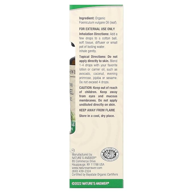 Nature’s Answer USDA Organic Sweet Fennel Essential Oil, 100% Pure, Natural Aromatherapy Oil for Diffuser/Humidifier, Steam Distilled 0.5 fl oz. (15ml), Made in USA