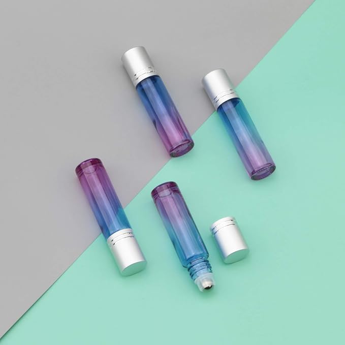 10Pcs Glass Roller Bottles Set, 10ml (1/3oz) Blue Purple Gradient Roll on Vials with Funnels for Essential Oil Aromatherapy Perfume Liquid Massage