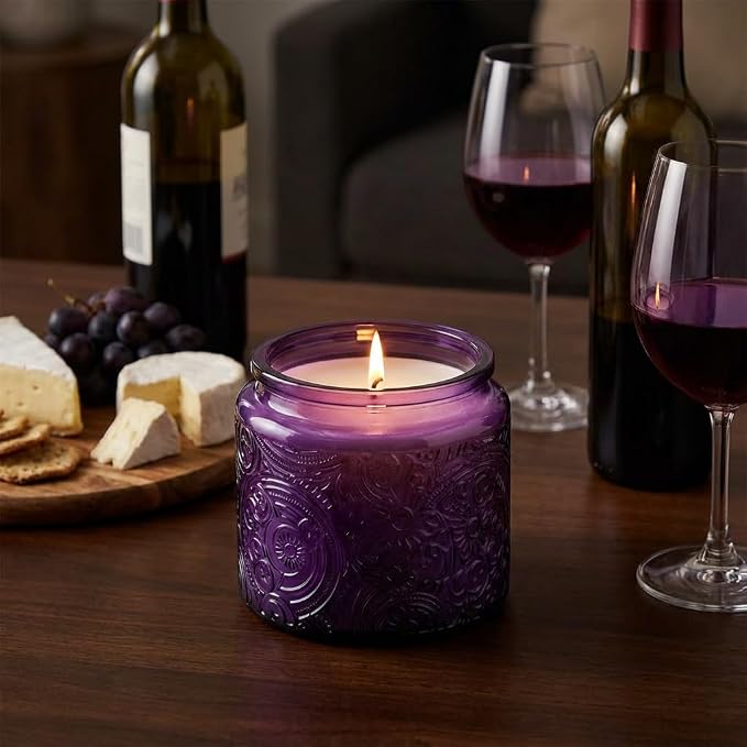 10 oz Purple Sun Moon Stars Candle Jars with Metal Lids, 9 Pack | Patented Embossed Design, Includes Wick Centering Devices & Warning Labels, Multiple Color Options