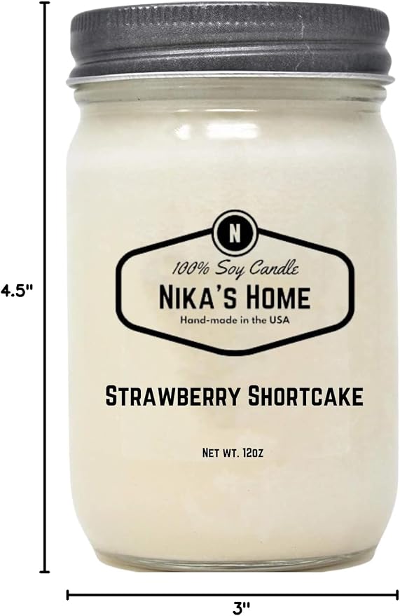 Nika's Home Strawberry Shortcake Soy Candle - 12oz Mason Jar - Non-Toxic - Hand Poured in The USA, Long Burning 50-60 Hours Highly Scented All Natural, Clean Burning