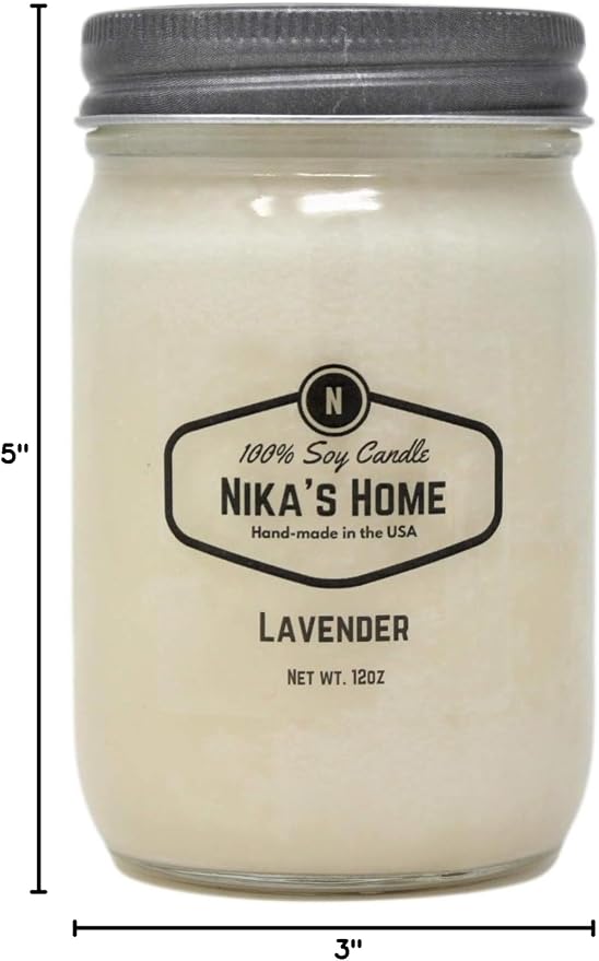 Nika's Home Lavender Soy Candle - 12oz Mason Jar - Non-Toxic - Hand Poured in The USA, Long Burning 50-60 Hours Highly Scented All Natural, Clean Burning