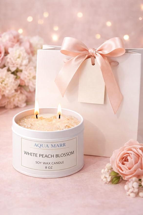 White Peach Blossom Soy Candle β 8 oz Floral Scented Candle, Hand-Poured Clean Burning Dual Wick Candle for Home, Spa & Relaxation β Aqua MARR