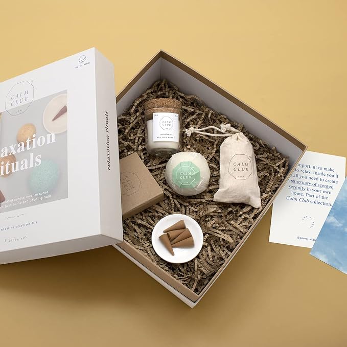Calm Club | Scented Relaxation Rituals Kit | Scented Candles & Incense Cones | Relaxing Bath Bombs | Self Care Relaxing Gifts for Women | Baoding Stress Balls for Adults |