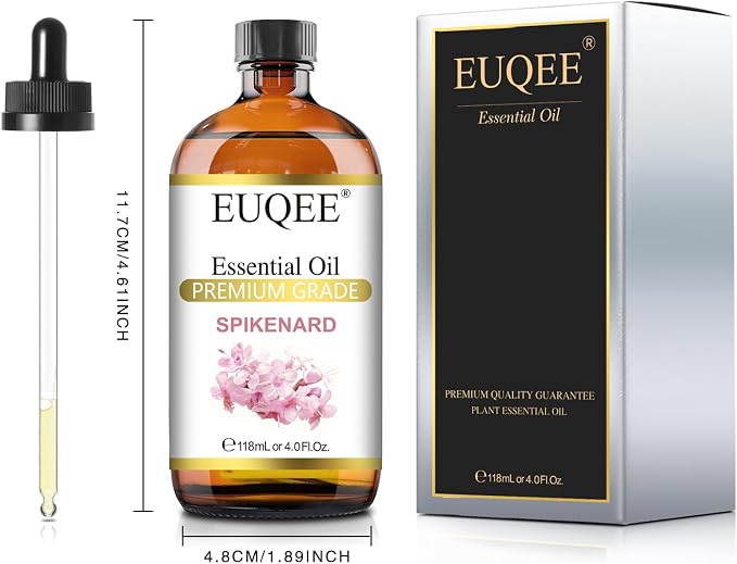 EUQEE Spikenard Essential Oil 118ml/4Fl Oz Spikenard Oil Premium Essential Oil with Glass Dropper Great for Yoga, Meditation, Massage, Diffuser, DIY Soap, Candle Making, Aromatherapy, Sleep