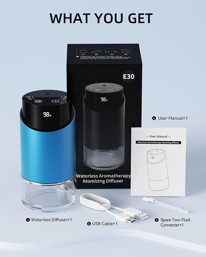 Waterless Essential Oil Diffuser for Home Rechargeable Aluminum Alloy Scent Diffusers with 4 Timer Settings, 3 Mist Levels with Vehicle Mode for Car Room Studio Office, Black Metal,100ml (Blue)