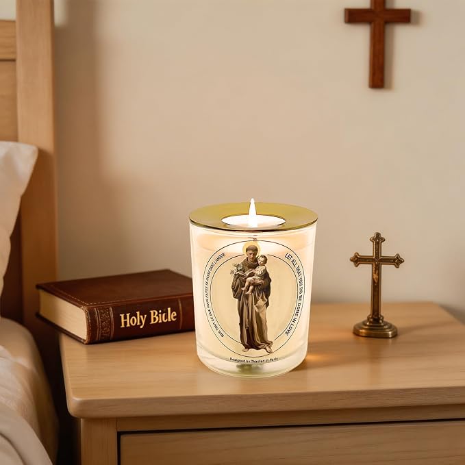 Tkaufen Saint Anthony of Padua Candle 50 Hours│Hand-Poured Soy Wax│Find Lost Item, Marriage Fertility Exam Blessing, Physical Ailment, Infant Protection, Job Search Miracle│Design in Paris│3“×3.6”