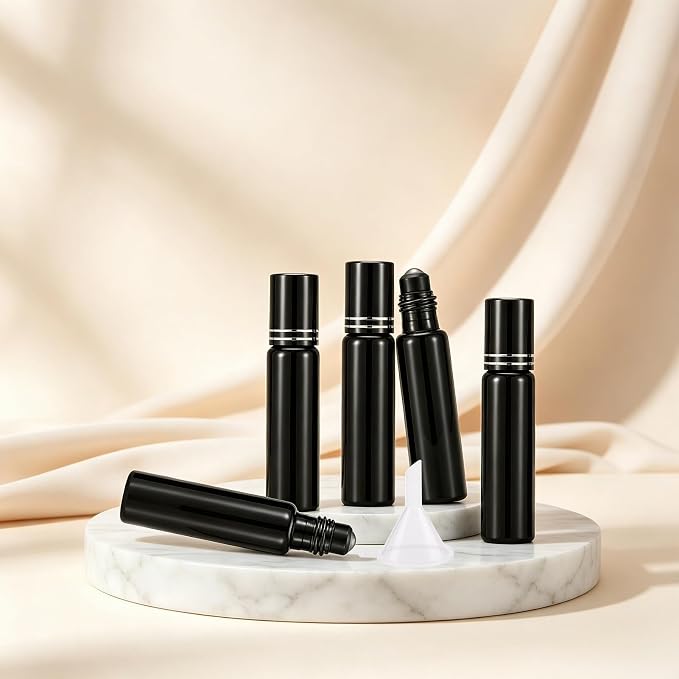 Kesell 10ml Black Glass Roller Bottles 6Pack, Essential Oil Roller Bottles with Funnel & Stainless Steel Roller Ball Applicator, Small Glass Vials for Perfume, Massage Oil, Refillable Travel Container