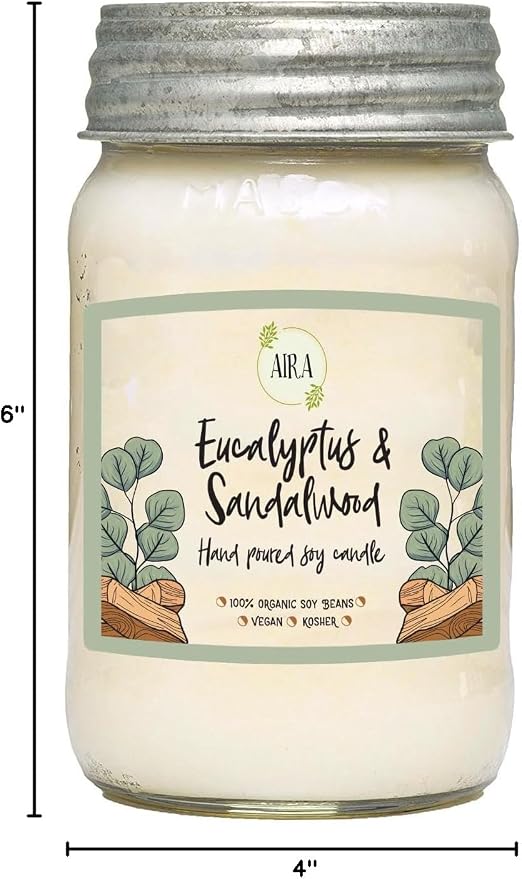 Aira Soy Candles - Organic, Kosher, Vegan, in Mason Jar w/Therapeutic Grade Essential Oil Blends - Hand-Poured 100% Soy Candle Wax - Paraffin Free, Burns 110+ Hours - Eucalyptus & Sandalwood -16 Ounce
