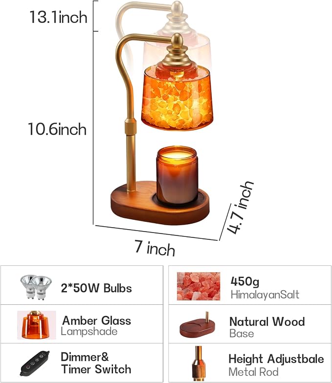 3-in-1 Candle Warmer Lamp with Timer Dimmable, Himalayan Salt Lamp & Passive Diffuser, Gifts for Women, House Warming Gifts, Wax Melt Warmer for Jar Candles (Gold)