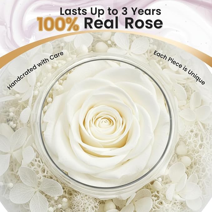 Eternal Preserved Real Rose, Glass Dome Gift Set with 18 Scented Candles (9 Bergamot,9 Jasmine), Mother's Day Valentine Christmas Birthday Gift for Women Mom Girlfriend Wife Home Decor (White)