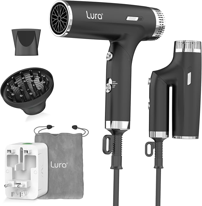 LURA Auto Dual Voltage Hair Dryer for International Travel,Travel HairDryers with Difffuser,Small Portable Blow Dryer for Women Lightweight,Compact Mini Blowdryers with Folding Hand for Kids(Black)