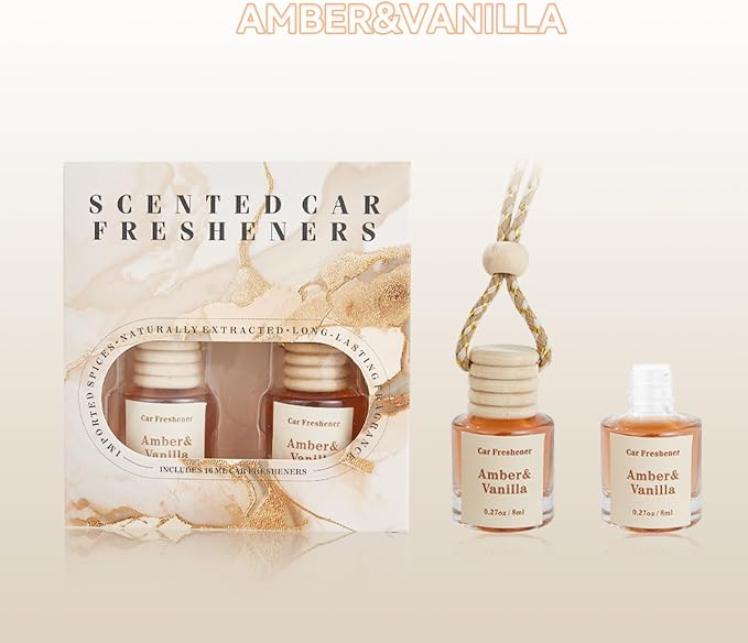 Car Air Freshener Diffuser, Hanging Car Scents Air Freshener, Car Fresheners Long Lasting, Essential Oil Diffuser, Fragrance Oil Air Diffuser, Amber Vanilla 8ml*2pcs