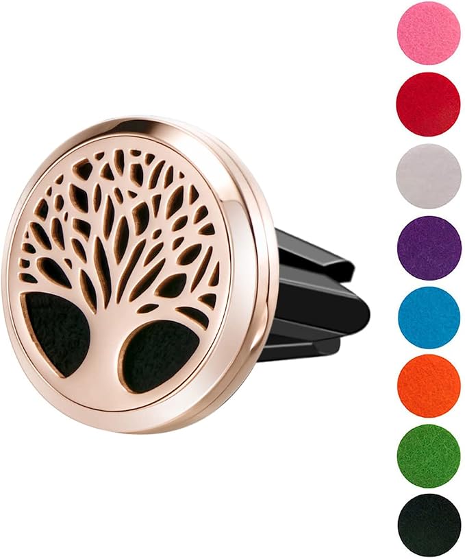 Wild Essentials Rose Gold Tree of Life Essential Oil Car Vent Diffuser Kit – 316L Stainless Steel Locket, Rubber-Coated 4-Way Clip, 8 Color Pads (22mm), 25mm – Includes Alert & Inner Calm (2 x 10ml)