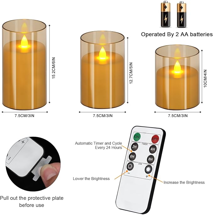 wemarry Flameless Candles 4" 5" 6" Acrylic Glass Pillars 3" Diameter Battery Operated Flickering Candles Include 8-Key Remote with Timer Function 400+ Hours (Amber, Warm Light 3 Pack)