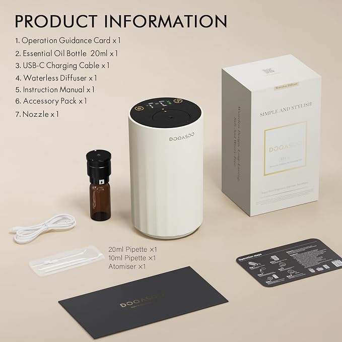 Waterless Diffuser for Essential Oil, Car Diffsuer, 96H Battery Operated Portable Nebulizer Mini Scent Air Machine with Dual Home Vehicle Modes for Bedroom Office Travel - White