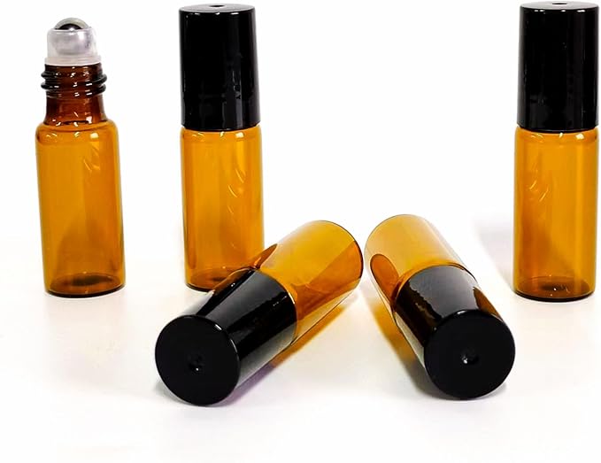 50 PCS 5ml Amber Glass Roller Bottle,Essential Oil Sample Vials with Stainless Steel Roller Ball,Black Caps,for Travel Perfume Cosmetics Small Container(2 Funnels, 2 Dropper, 1 Opener) (5ml)