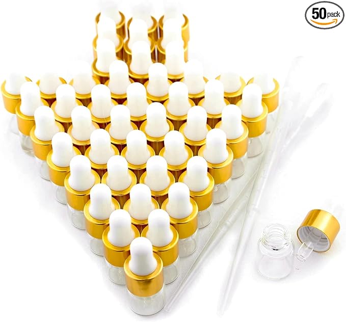Sample Dropper Bottles, Mini Dropper Bottles with 2 Pcs Plastic Droppers for Traveling Essential Oils DIY Cosmetic Liquid Sample Perfume (Gold, 1ML-100PCS)