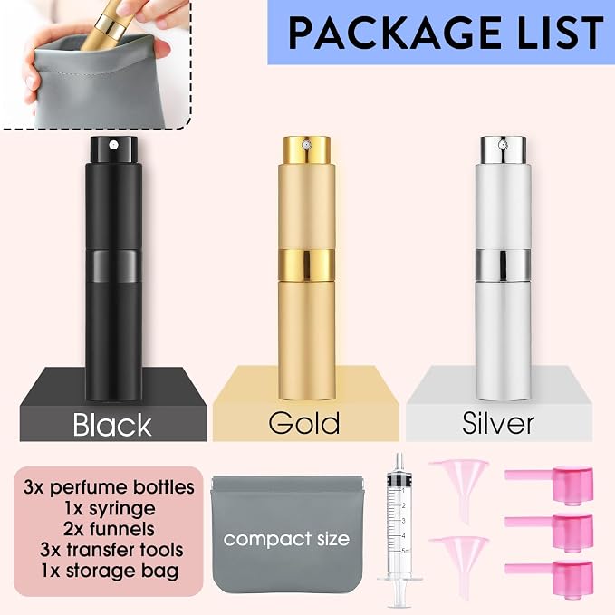 3 Pack 8ML Empty Cologne Travel Spray Bottle Perfume Atomizer for Refill Portable Cologne Dispenser Mini Sprayer for Women Twist Tpye