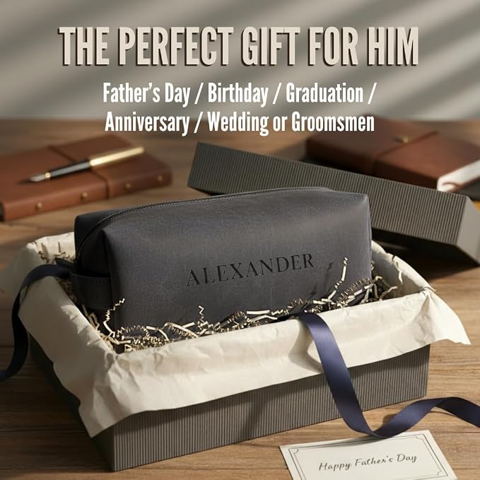Personalized Handmade Genuine Leather Toiletry Bag | Custom Engraved Shaving Dopp Kit with Name, Initial | Travel Pouch for Men, Him, Husband, Dad, Boyfriend | Gift Idea for Groomsmen