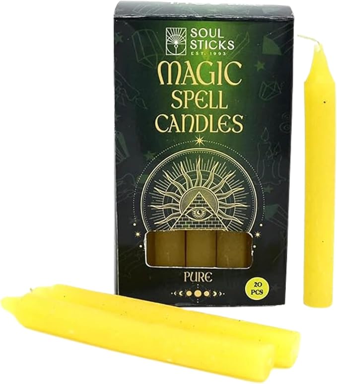 SOUL STICKS Pure Soul Magic Spell Chime Taper Candles 20 Pack - Ideal for Altar, Rituals, Ceremonies, Meditation Yellow Candle for Witchcraft Supplies, Wiccan Supplies, Candles Clearance
