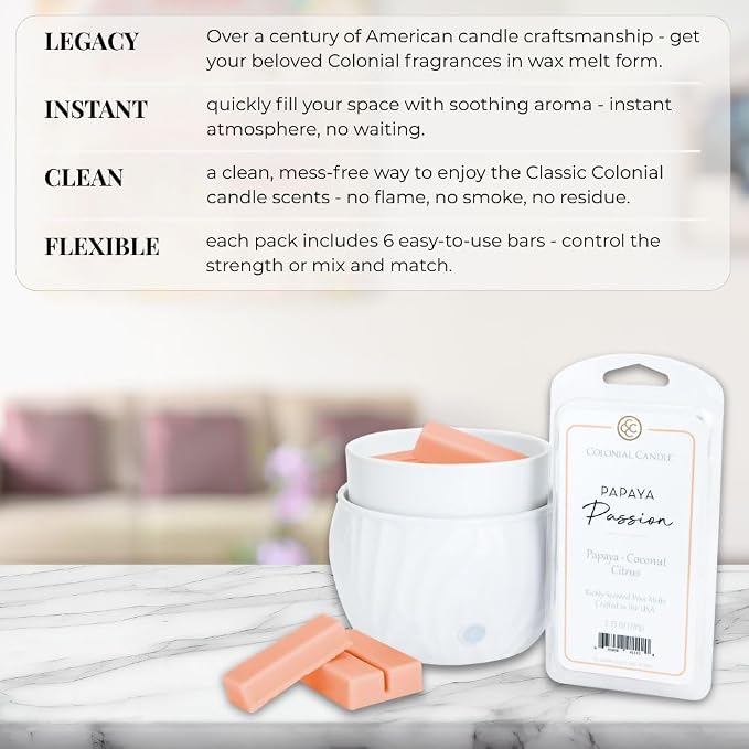 Colonial Candle Papaya Passion Scented Wax Melts, Wax Melt Warmer Cubes, Long Lasting Scented Wax Warmer Cubes, 4 Pack, 6 Cubes Each - Made in The USA