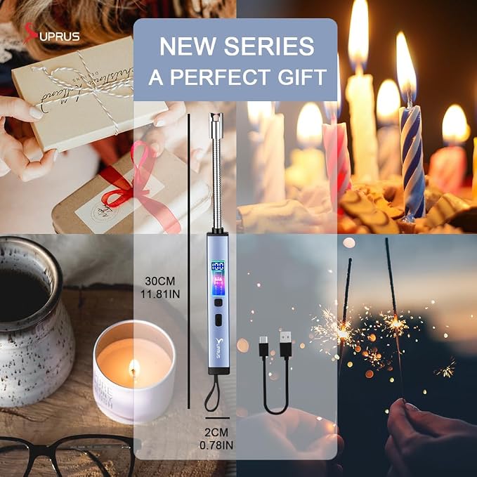 SUPRUS Electric Candle USB Type C Rechargeable 360° Flexible Neck Lighter with Upgraded LED Battery Display Safety Switch Flameless Plasma Windproof (Blue, 3Packs)